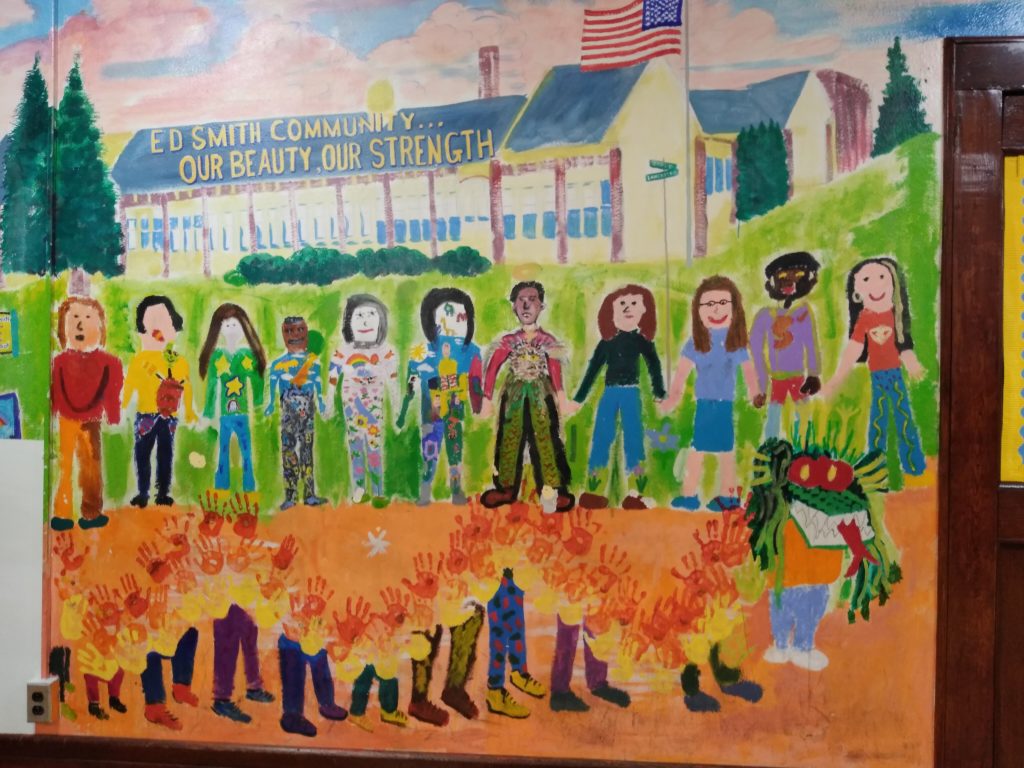 Mural of Ed Smith School along the cafeteria wall